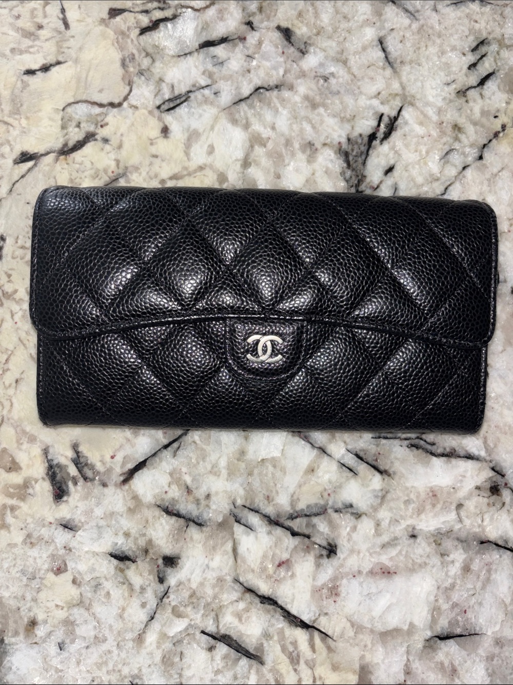 CHANEL Black Quilted Caviar Leather Long Wallet with CC Turnlock